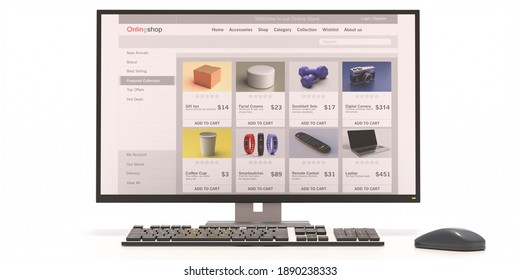 Online Shop Website, Eshop, Ecommerce, Digital Marketing Web Page On A Computer Screen Isolated On White Background. 3d Illustration

