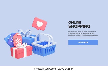 Online Shopping Banner Template With Shopping Basket And Gift Boxes. Web Mockup For Promotion With Empty Copy Space. Shop Now Button. Ui Design. 3D Rendering. Blue