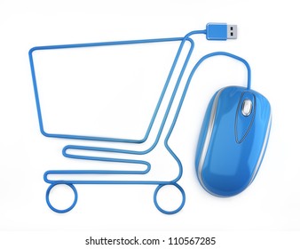 Online Shopping, Blue Mouse In The Shape Of A Shopping Cart On A White Background.