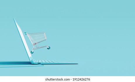 Online Shopping Concept. Laptop And Shopping Cart On Blue Background 3D Rendering, 3D Illustration