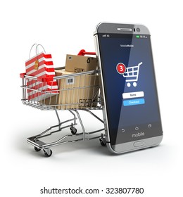 Online Shopping Concept. Mobile Phone Or Smartphone With Cart And Boxes And Bag. 3d