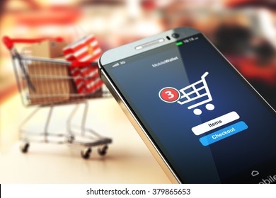 Online Shopping Concept Nackground. Mobile Phone Or Smartphone With Cart And Boxes And Bag. 3d