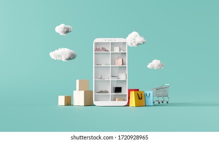 Online shopping concept on smartphone on blue background. 3d rendering