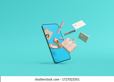 Online Shopping Concept On Smartphone On Blue Background. 3d Rendering