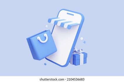 Online Shopping Concept. Phone, Shopping Bag And Gift Box. Shopping Items Isolated On Background. Cartoon Design. Blue And White. 3D Rendering