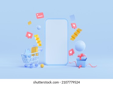 Online Shopping Concept, Phone With Floating Objects, Surprise Box And Shopping Cart. 3d Render Illustration