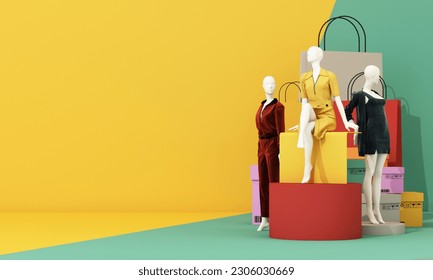 online shopping concept and promotional discounts in front of the store display Women's clothing and fashion Surrounded by mannequins and shopping bags multicolor pastel background. 3d rendering - Powered by Shutterstock