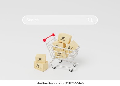 Online Shopping Concept. Web Or Mobile Application Ecommerce. Carton Paper Box In Shopping Cart On White Background With Search Bar. 3d Rendering