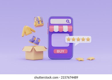 Online shopping customer satisfaction concept with shopping box and five star rate review symbol on purple background, 3d rendering. - Powered by Shutterstock