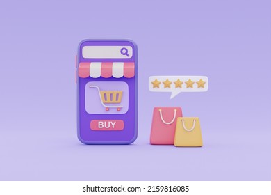 Online shopping customer satisfaction concept with shopping bags and five star rate review symbol on purple background, 3d rendering.
 - Powered by Shutterstock