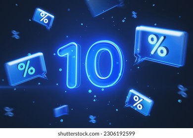 Online shopping, discount and sale concept with blue digital glowing 10 icon on dark background with speech bubbles with percent sign. 3D rendering - Powered by Shutterstock