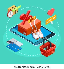 Online Shopping Ecommerce Concept Isometric  Background Poster With Sale Articles Credit Card  And Tablet Symbolic Circle  Illustration 