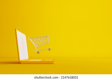 Online Shopping And Ecommerce Concept. Web Or Mobile Application E-commerce. Computer Laptop With Shopping Cart On Yellow Background. 3d Rendering Illustration