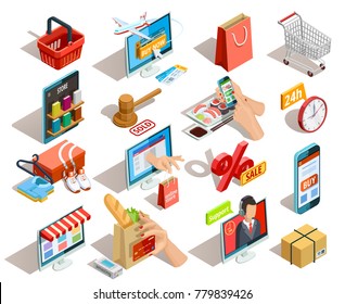 Online Shopping Isometric Shadow Icons Collection With Grocery Travel Books And Clothing  Ecommerce Stores Orders Isolated  Illustration 