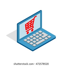 Online Shopping In Laptop Icon In Isometric 3d Style Isolated On White Background. Technology Retail Icon Symbol Illustration