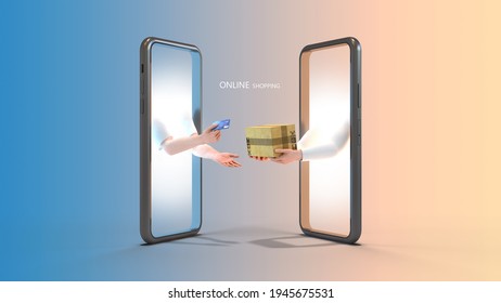 Online Shopping on the smartphone. A hand holding a credit card and a hand holding a parcel box. 3d rendering.