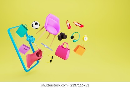 Online Shopping  On Smartphone .  Shopping Items And Mobilephone Floating On Yellow Background . Digital Marketing  Concept.  3d Rendering