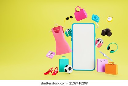 Online Shopping  On Smartphone .  Shopping Items Are Floating Around Mobilephone  On Yellow Background . Digital Marketing  Concept.  3d Rendering