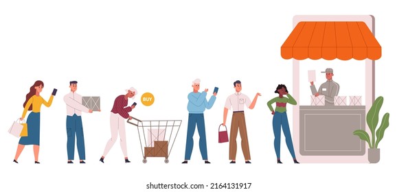 Online Shopping People Line, E-commerce Big Sale Queue. Mobile Shop Customers, Online Market Or Grocery Store Queue  Illustration Set. Buyers Waiting In Line To Receive Boxes With Parcel