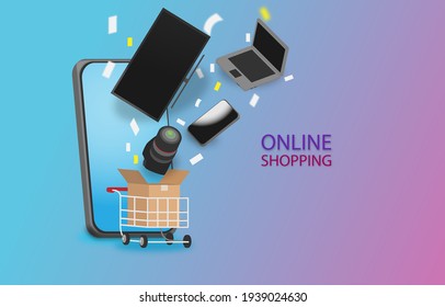 Online Shopping Phone.concept.TV,laptop,smartphone And Camera Flying From Box In A Cart.Buy Technology Electrical Appliances On Social Network.Easy,fast And Save Time.view Of Copy Space Advertising.