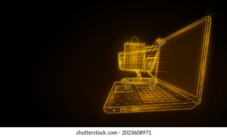 Online shopping, retail and ecommerce. Polygonal illustration of a laptop and a shopping cart. Ecommerce store concept.