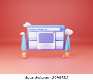 Online Shopping, User Interface, E-commerce Website Design Concept. Laptop Screen With Cards,  E-commerce Website On Peach Background Color. 3d Rendering.