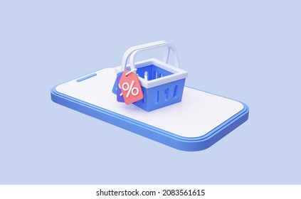 Online shopping via Internet. Mobile phone with a basket. Sale on goods with discount coupon. Banner template for promotion. 3D Rendering. Blue Online shopping via Internet. Mobile phone with a basket. Sale on goods with discount coupon. Banner template for promotion. 3D Rendering. Blue