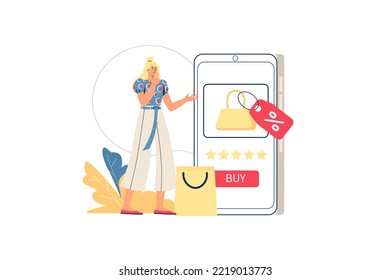 Online Shopping Web Concept. Woman Buys In Mobile Application, Chooses Goods, Buys Profitably With Discounts. Mobile Commerce, Minimal People Scene. Illustration In Flat Design For Website