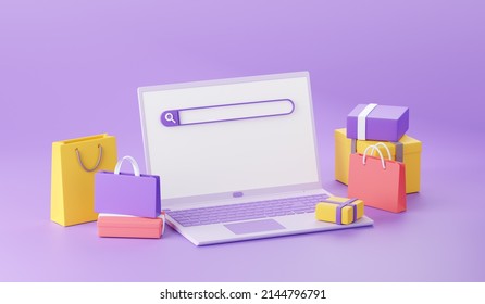 Online shopping web search concept - 3d render illustration of laptop with shopping bags and boxes around it. Website form for research of information or best price for E-commerce concept.
