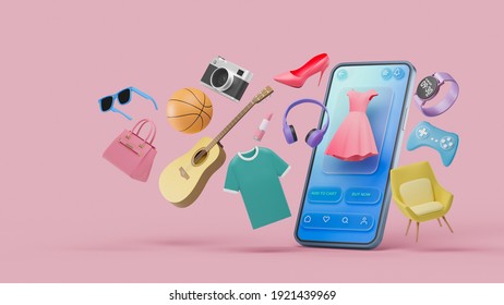 Online Shopping Website Mobile Application Digital Marketing Store On Screen Smartphone Showcase Icon Display. 3d Rendering.