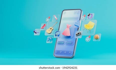 Online Shopping Website Mobile Application Digital Marketing Store On Screen Smartphone Showcase Icon Display. 3d Rendering.