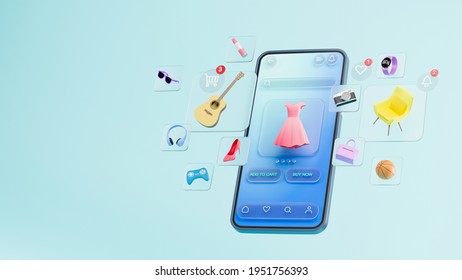 Online Shopping Website Mobile Application Digital Marketing Store On Screen Smartphone Showcase Icon Display. 3d Rendering.