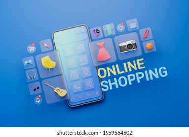 Online Shopping Website Mobile Application Digital Marketing Store On Screen Smartphone Showcase Icon Display. 3d Rendering.