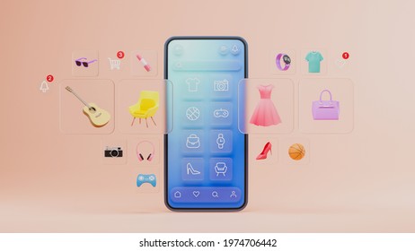 Online Shopping Website Mobile Application Digital Marketing Store On Screen Smartphone Showcase Icon Display. 3d Rendering.