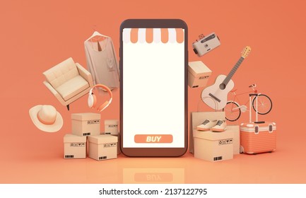 Online Shopping Website Mobile Application Digital Marketing Store On  Phone Screen Showcase Display It Consists Of Product Boxes, Clothes, Shoes, Furniture, Gadgets And Gift Box. Realistic 3d Render