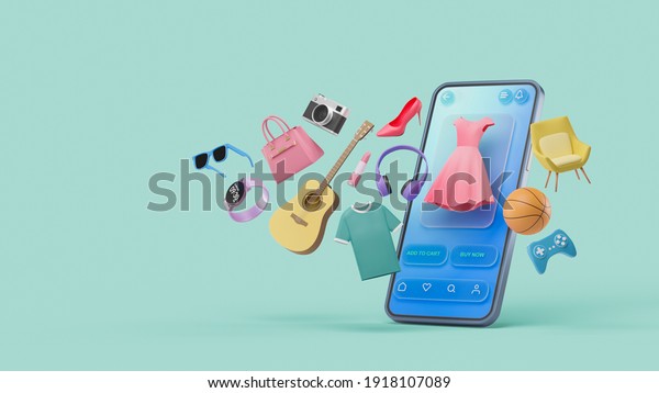 Online shopping website mobile application\
digital marketing store on screen smartphone showcase icon display.\
3d rendering.