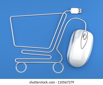 Online Shopping, White Mouse In The Shape Of A Shopping Cart On A Blue Background.