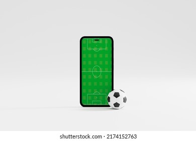 Online Soccer Game With Live Mobile App. Football Field On The Smartphone Screen And Ball. Online Ticket Sales, Sport Betting Concept. 3d Illustration