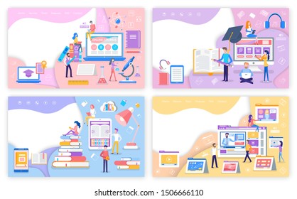 Online source and library, self study and video tutorial raster. People with smartphone laptop getting education, graduation hat and resources in web