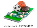 Online sport bets, betting concept. Smartphone with sport balls and money, 3D rendering isolated on white background   