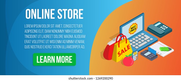 Online Store Concept Banner. Isometric Banner Of Online Store Concept For Web, Giftcard And Postcard