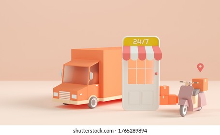 Online Store And Delivery Via Motorcycle And Truck Concept Background