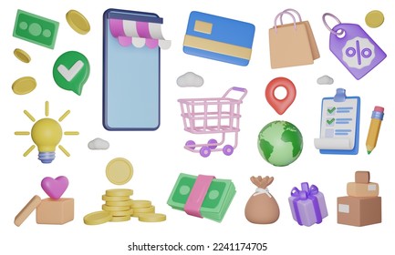 Online store objects set with e-commerce shop related graphics, 3D illustration. Mobile screen, shopping cart and other retail service items. Modern creative resources for promotional. 3D Illustration