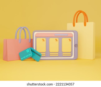 Online store set items 3d illustration. Tablet with website, packages, credit cards.