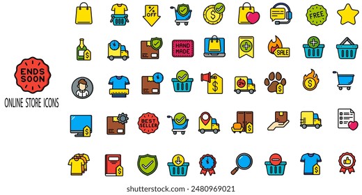 Online store simple concept 45 colour icons set. Contains such icons Online shopping, store, delivery, promotion and shopping cart symbolprice tag, credit card, supermarket .Vector illustration. - Powered by Shutterstock