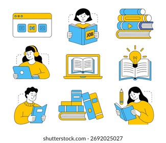 Online Study and Reading Vector Illustration, Students Learning from Books and Laptops