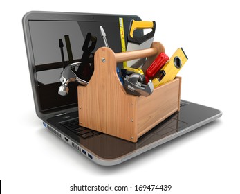 Online Support Concept. Laptop And Toolbox On White Isolated Background. Tools Online Sales. 3d