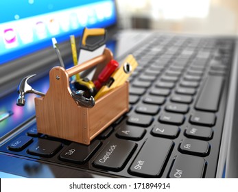 Online support concept. Toolbox with tools on laptop. Sales tools online concept. 3d