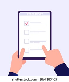 Online Survey. Internet Surveying List Hand Holding Tablet Web Test Form. Mobile Questionnaire Customers Voting Application