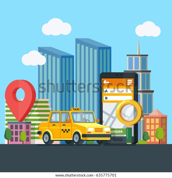 Online taxi service. Banner in flat 3d style.\
Yellow taxi car. Mobile phone with map and big city on background.\
City silhouette with skyscrapers. Design in flat modern style.\
Raster image